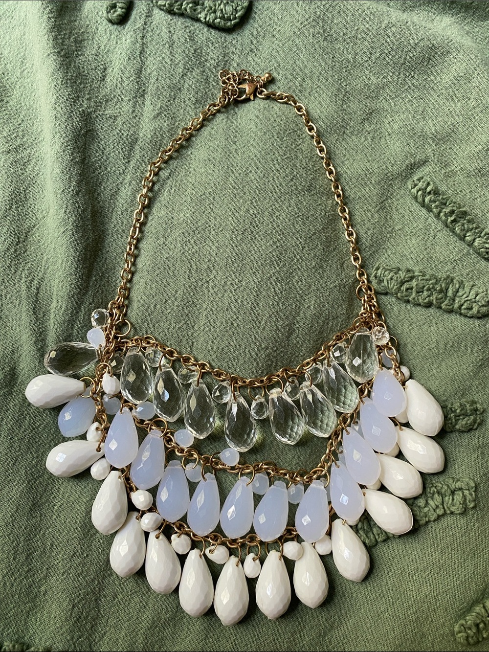 Gold Chain Statement Necklace with White and Opal Teardrop Stones